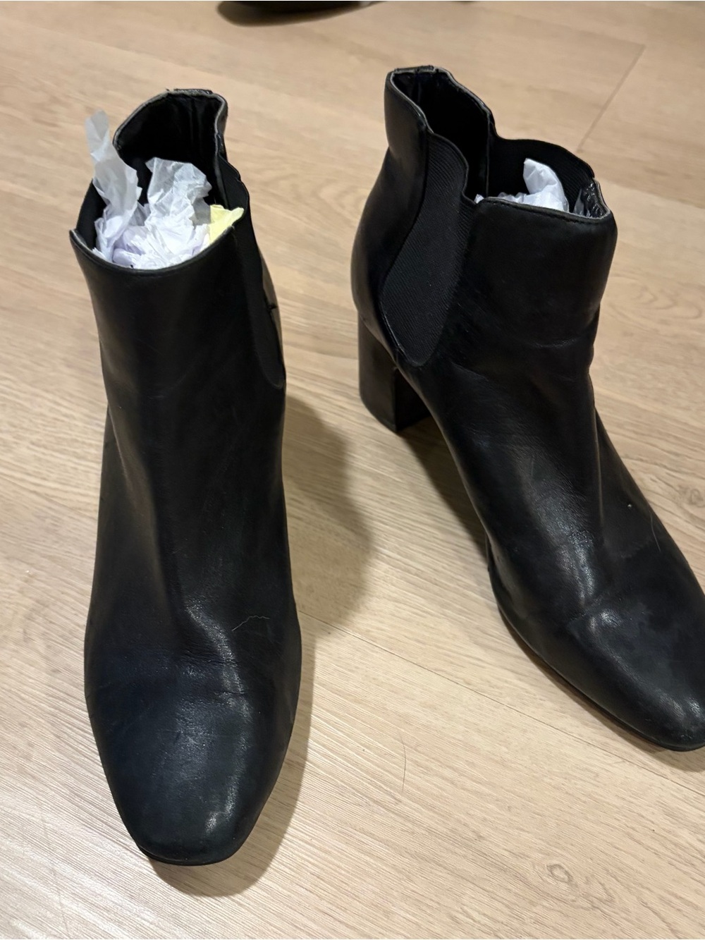 Anne Klein Black Leather Ankle Booties with Block Heel